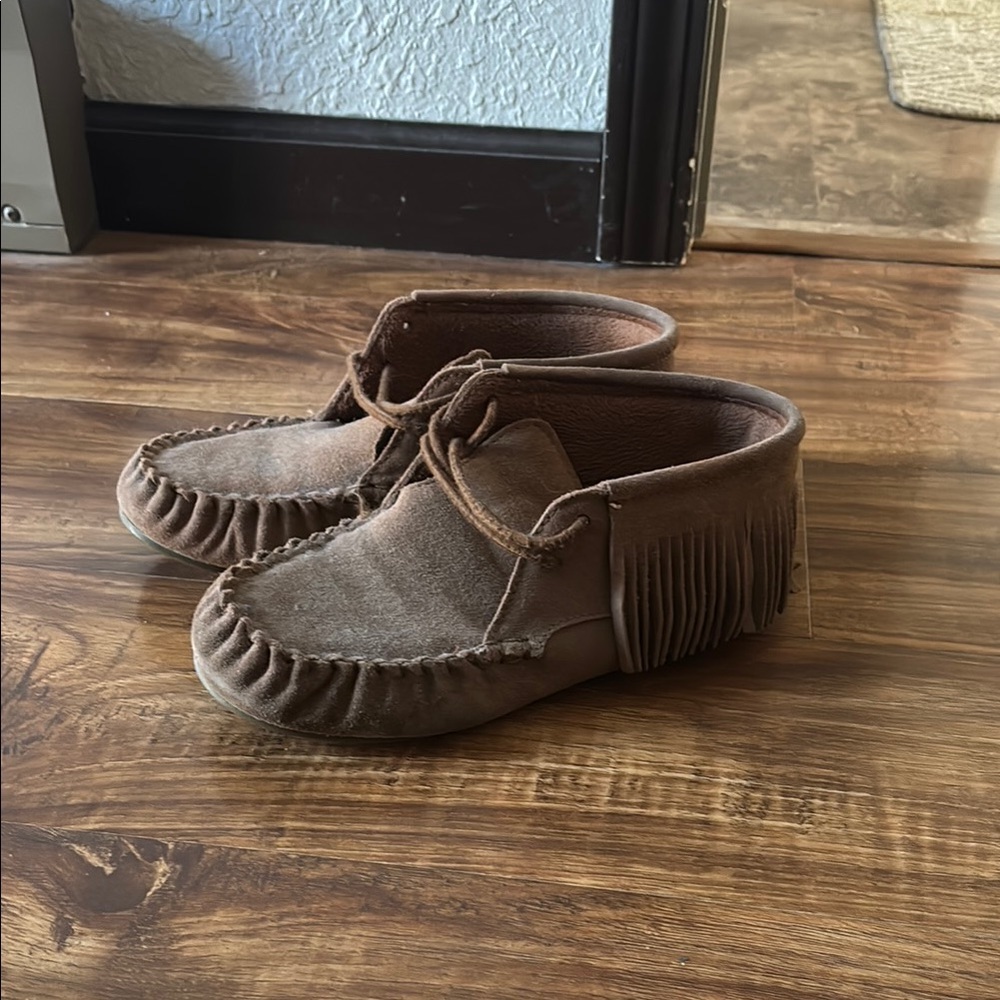 Brown Suede Moccasin Boots with Fringe